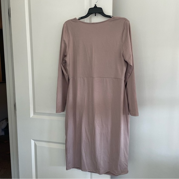 Asos Taupe Semi Formal Dress with V-Neck Gathered Bust and 3/4 Sleeves - Picture 3 of 13